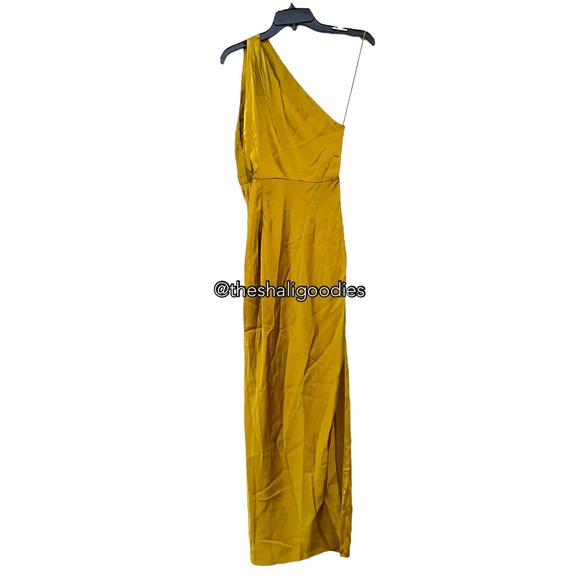 THE SEI Asymmetrical Drape Dress Yellow Silk Midi - Picture 3 of 7